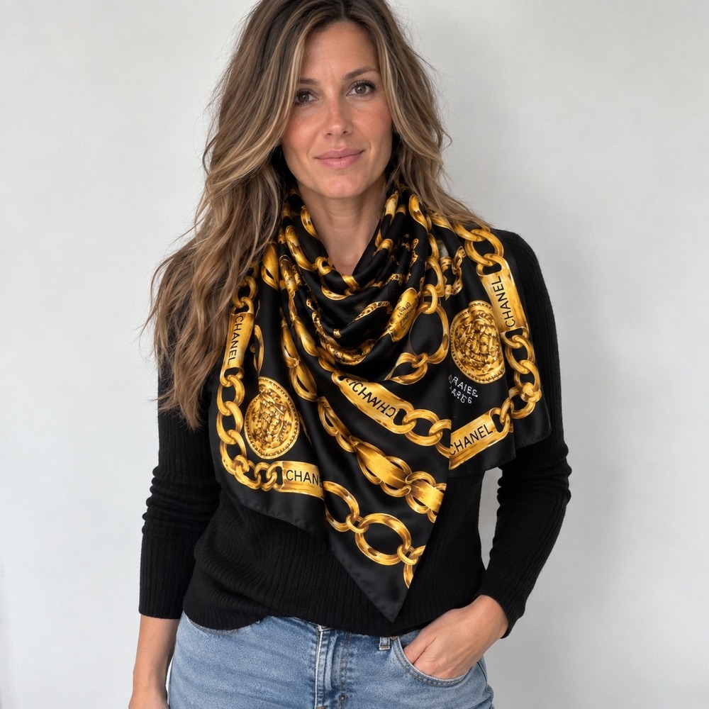 Chanel Silk Scarf 34x34 Black Gold Chain Medallion 31 Rue Cambon CC Logo Vintage